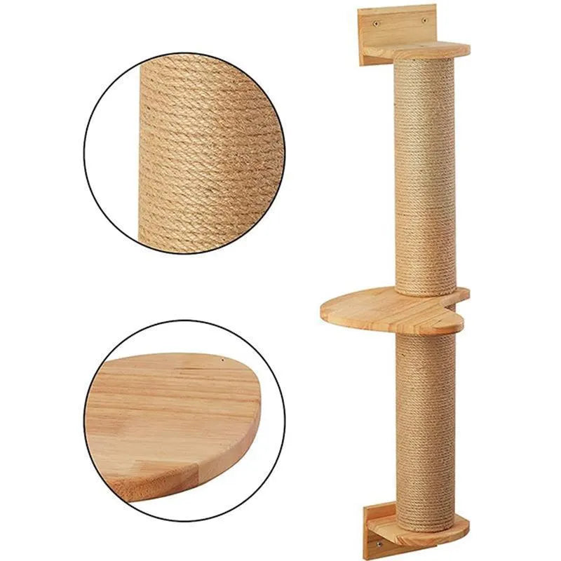 Wooden wall-mounted cat climbing frame with khaki sisal rope scratching surface