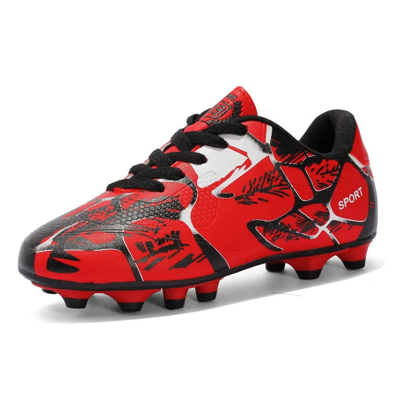 Low-top soccer shoes with synthetic leather upper, mesh lining, TPR sole, natural rubber outsole, in red, blue, or fluorescent green.
