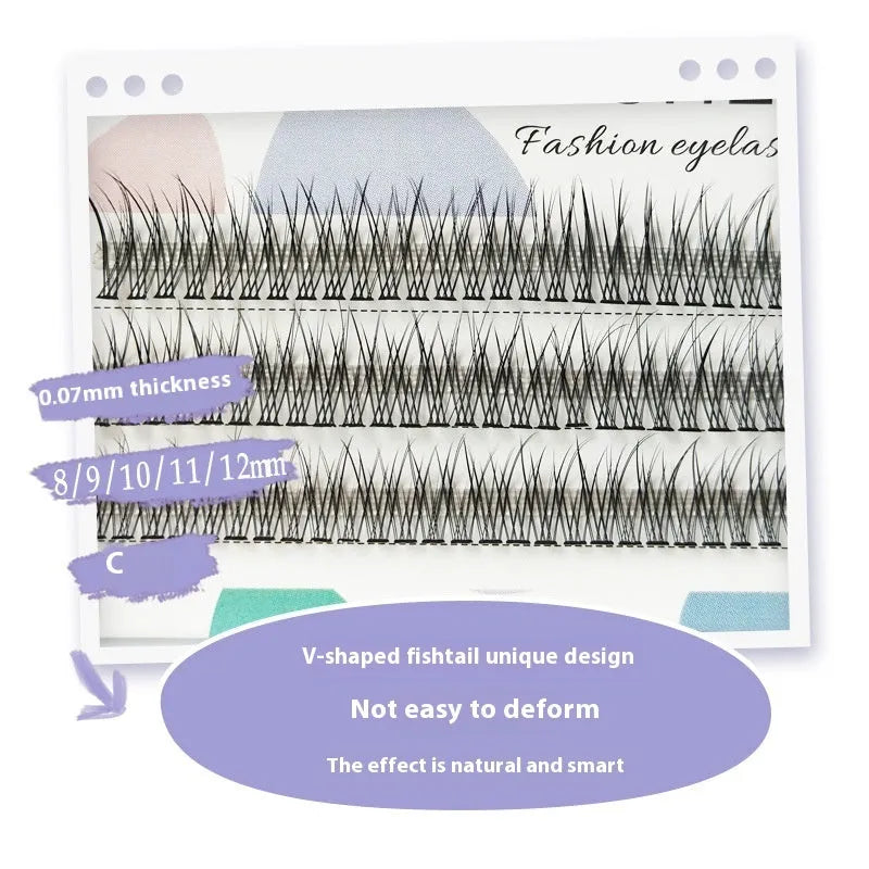 Black V-shaped fairy fishtail false eyelashes with thick segments on a clear band