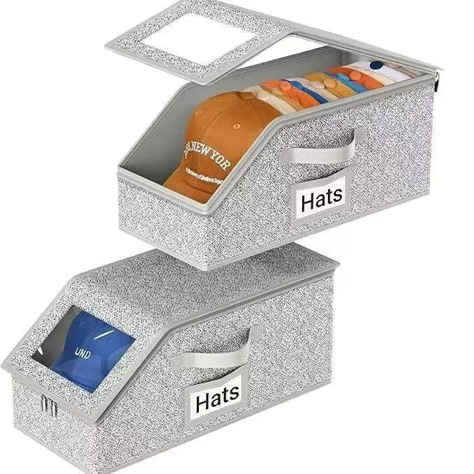 Grey foldable storage box for baseball caps and organisation measuring 42cm by 22cm by 17cm