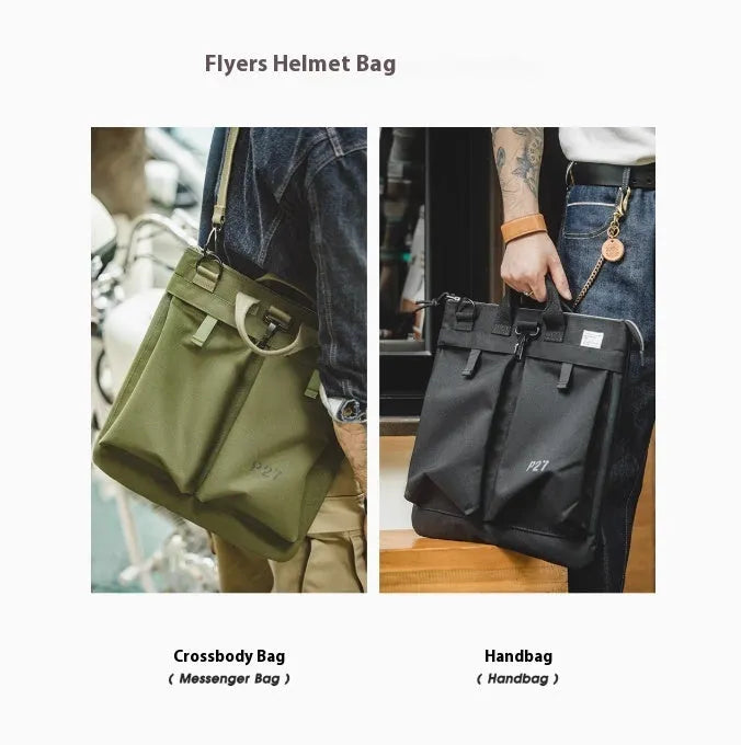 Marden Tooling Helmet Canvas Crossbody Bag in charcoal black showing vertical square shape and shoulder strap