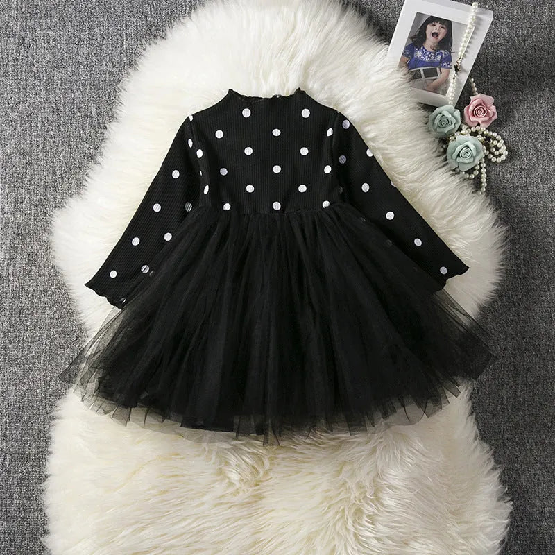 Baby girls long sleeve tutu lace dress with lace detailing, available in black, pink, white for ages 3-8 years