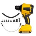 Yellow cordless dust gun with 680W power for office cleaning, showing blower nozzle and lithium battery operation