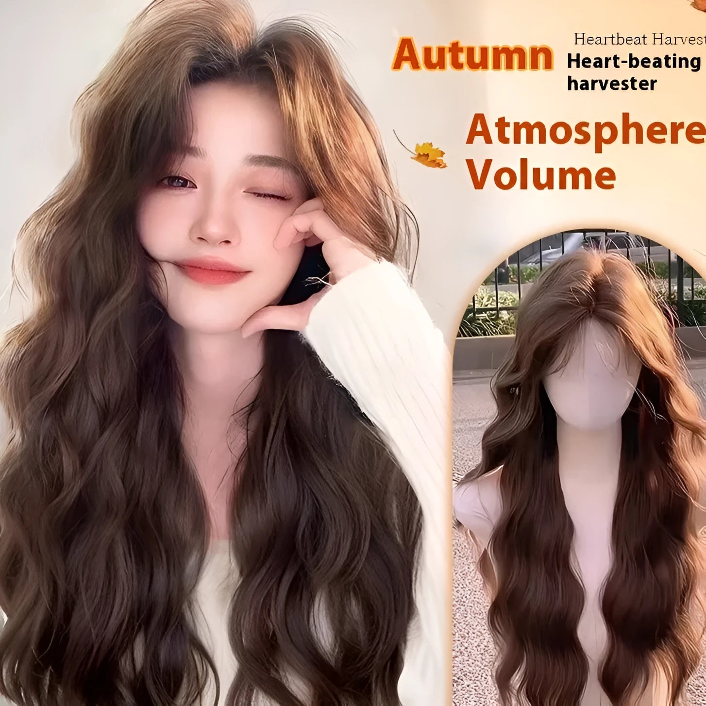 Full-head synthetic wig with long curly hair and side bangs in brown colour