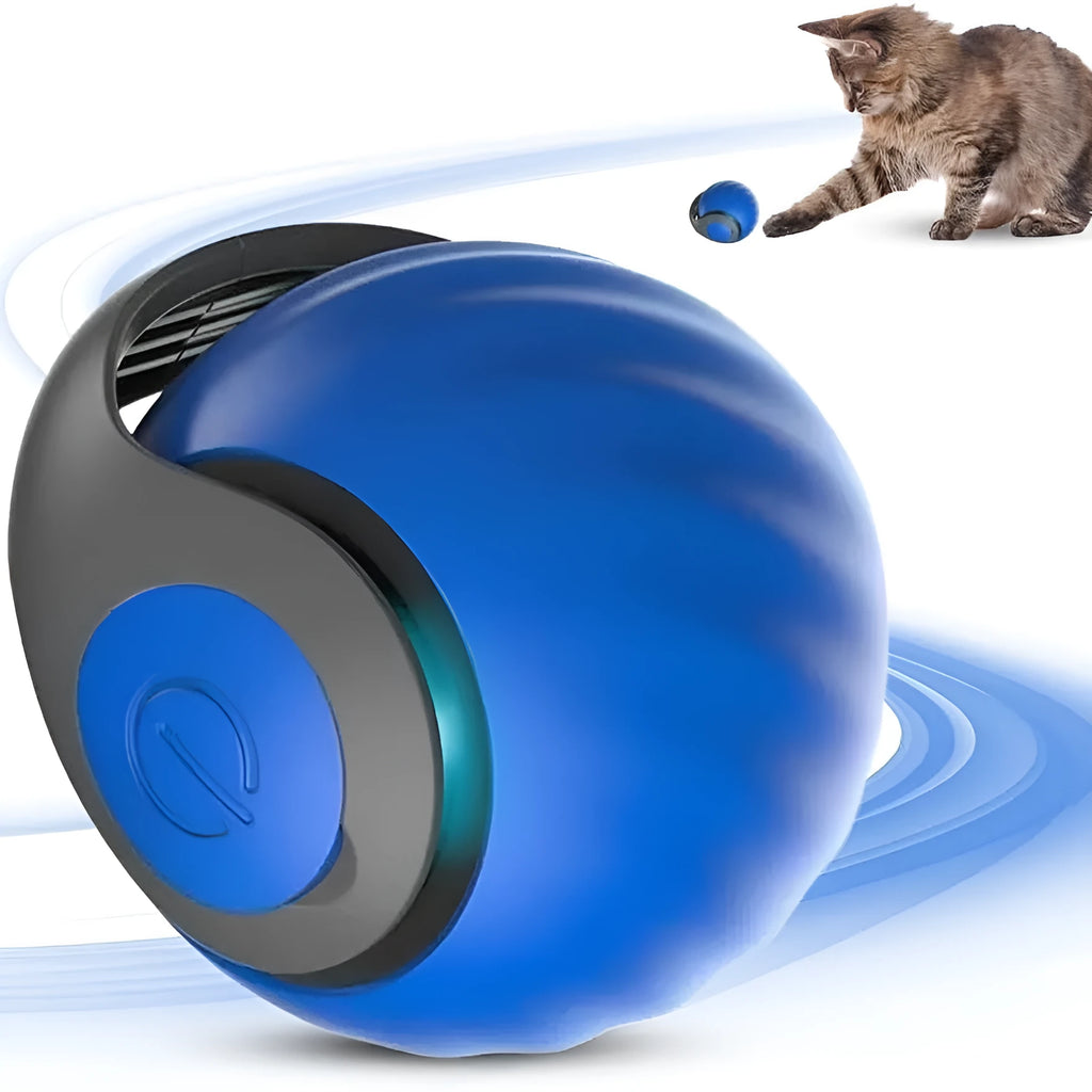 Blue and red interactive rolling ball pet toy for cats and dogs on a floor.