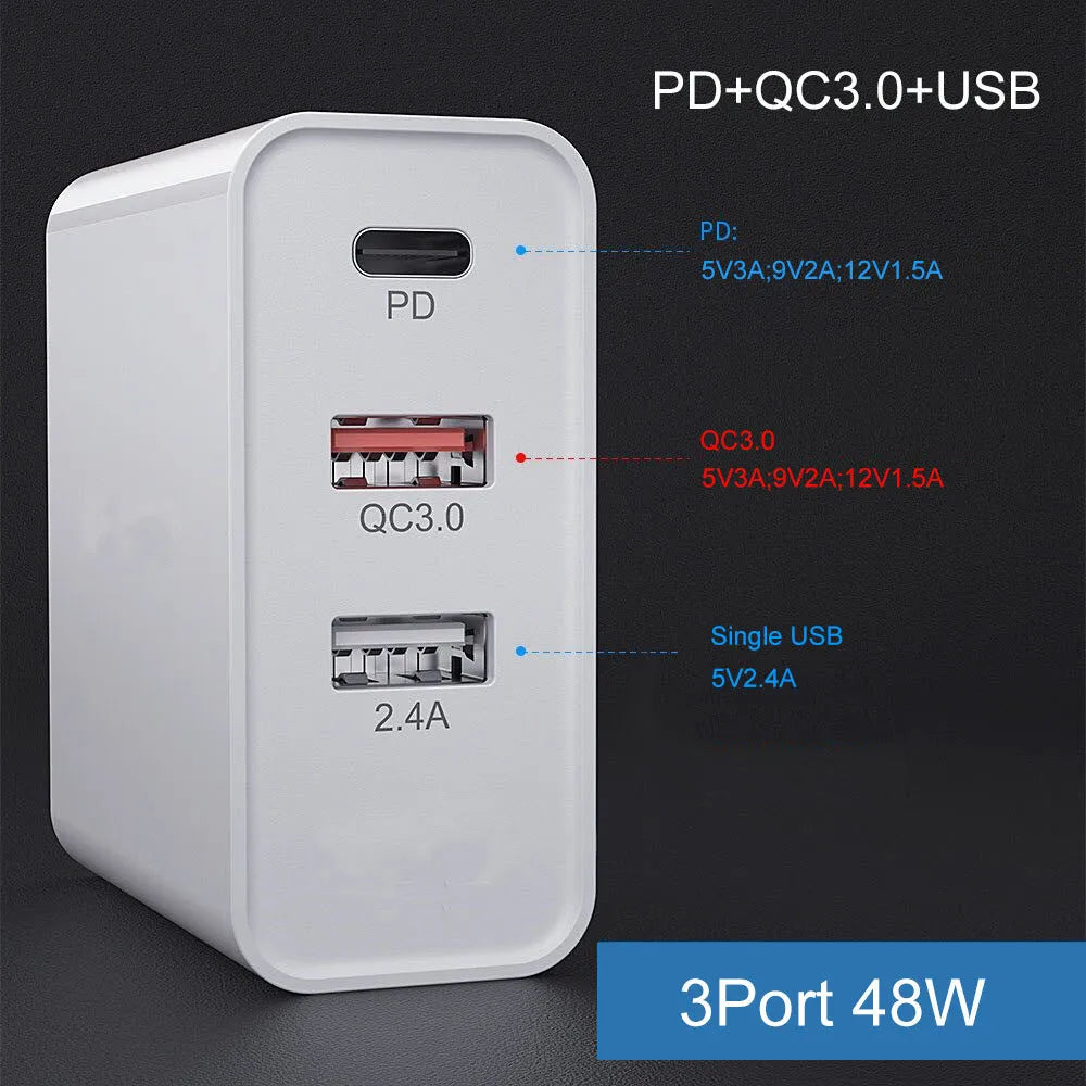 White fast charge charger with multiple USB ports for PD and QC 3.0 mobile phone charging