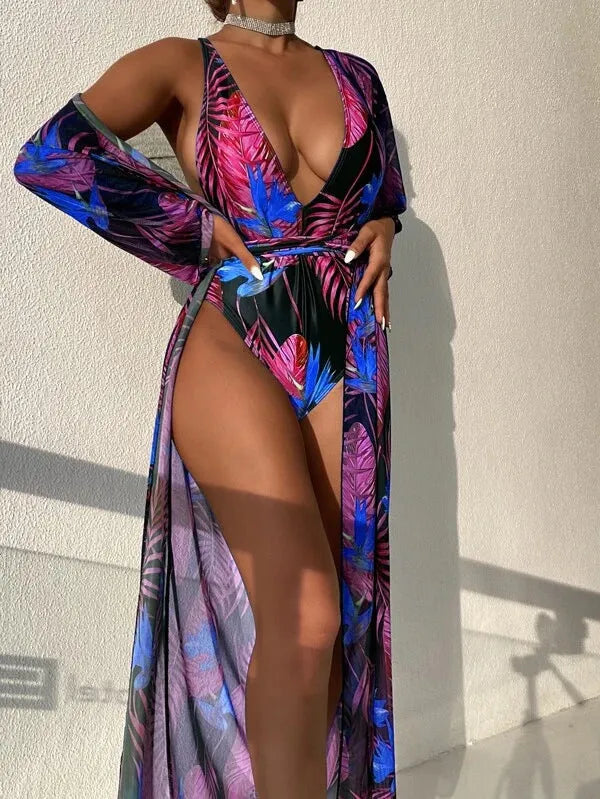 Women's three-piece polyester swimsuit set showing one-piece swimsuit and matching cover-up coat in one of four available patterns.