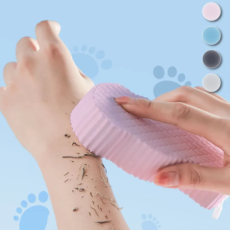 3D body rubbing sponge with fish scale pattern in white, grey, pink, or light blue, showing super-soft texture for gentle exfoliation