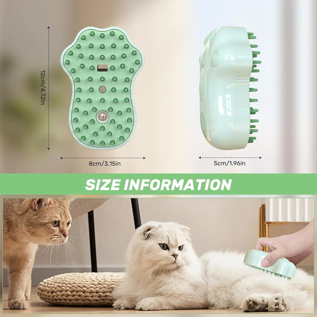 Blue self-cleaning cat steam brush with silicone heads and release button for pet grooming