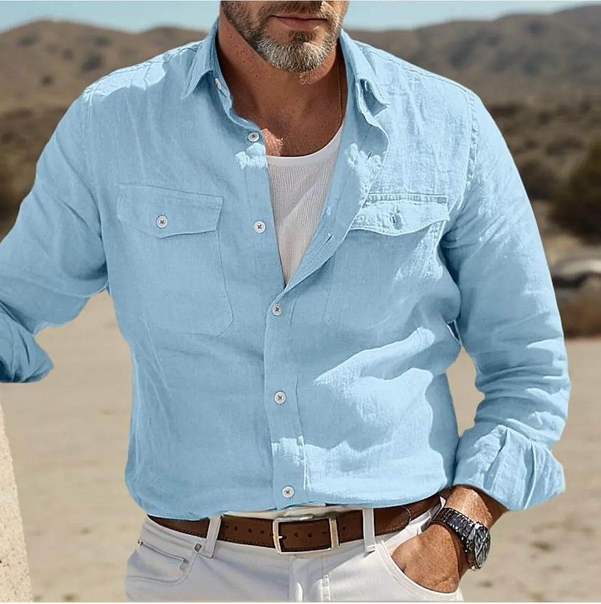 Men's long-sleeved cotton summer shirt in solid colours with loose fit for leisure wear