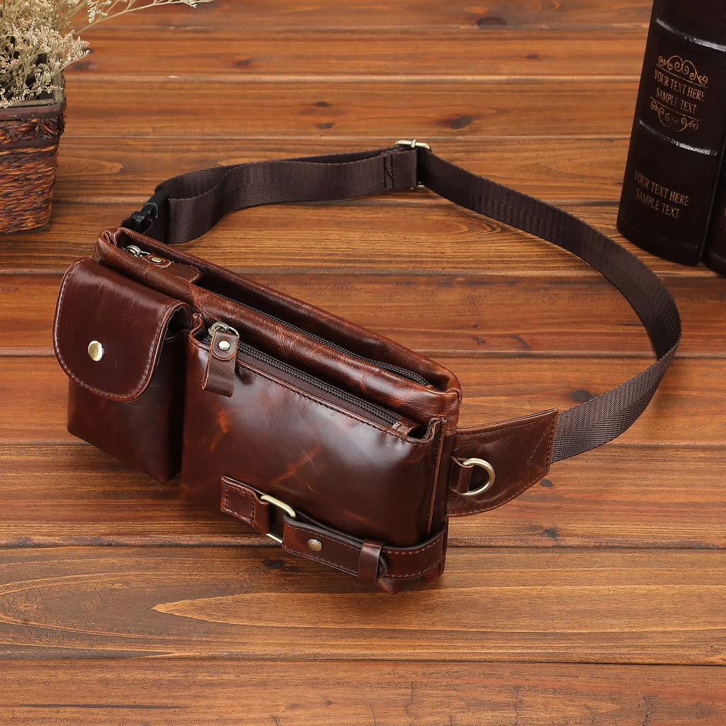 Men's black or brown leather belt bag with first layer cowhide, cotton lining, and sewing line detail.