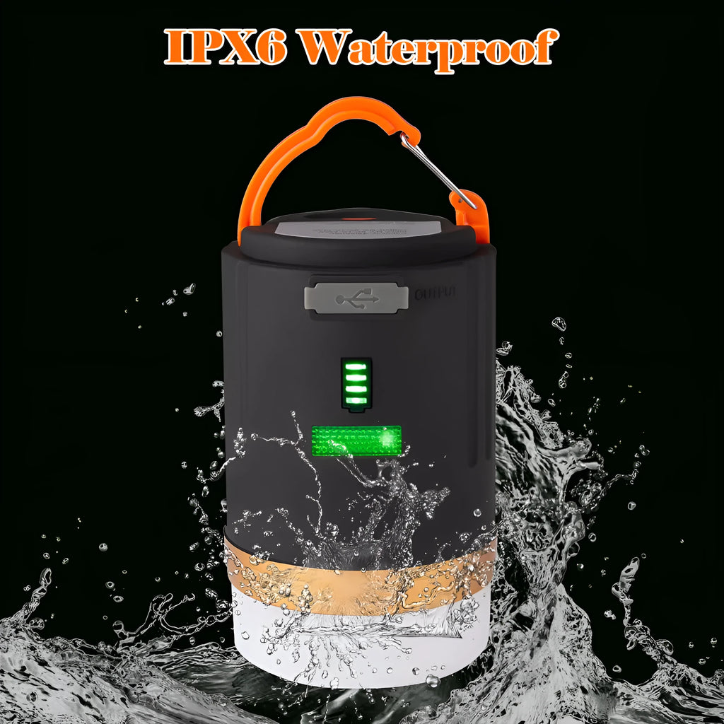 Black rechargeable LED camping light with remote control, 4800mAh battery, IPX6 waterproof, hanging hook and magnet
