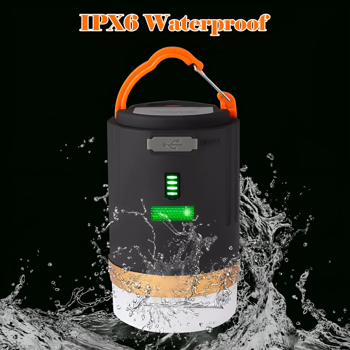 Black rechargeable LED camping light with remote control, 4800mAh battery, IPX6 waterproof, hanging hook and magnet
