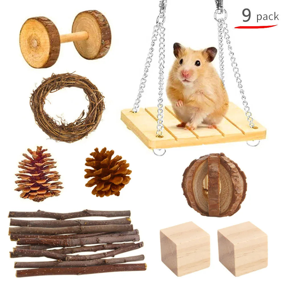 Natural wood toy collection for small animals including straw mats, woven balls and chewable shapes