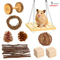 Natural wood toy collection for small animals including straw mats, woven balls and chewable shapes
