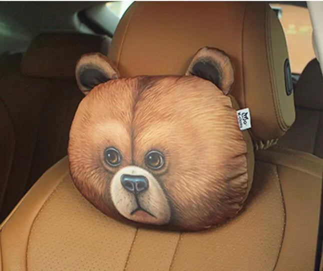 Handmade oblong car headrest pillow with printed cartoon cat design, polyester cotton cover, and PP cotton filling.
