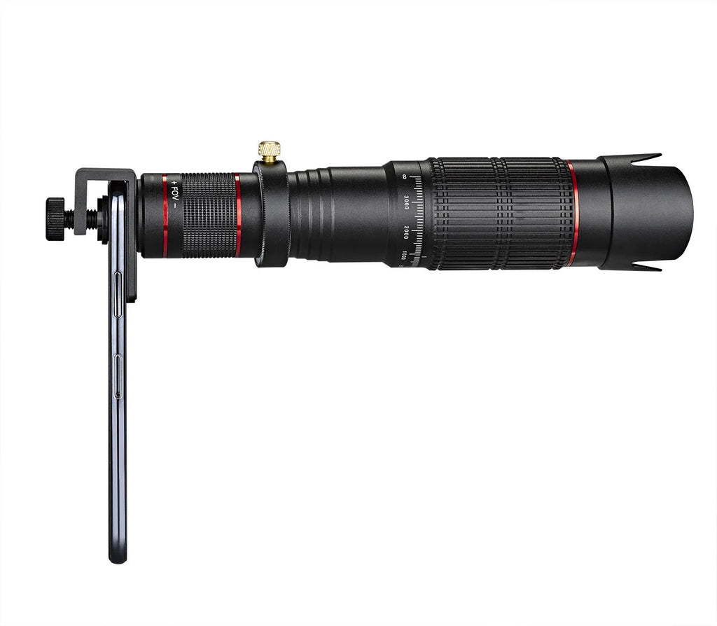 Black 36x telephoto lens attachment for smartphone photography with universal mounting system