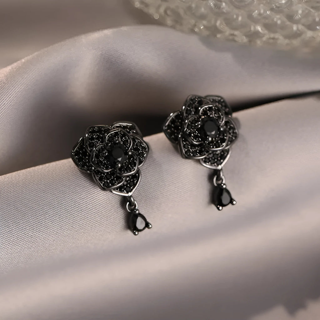 Black rose zircon stud earrings with floral design and 18K gold-plated finish