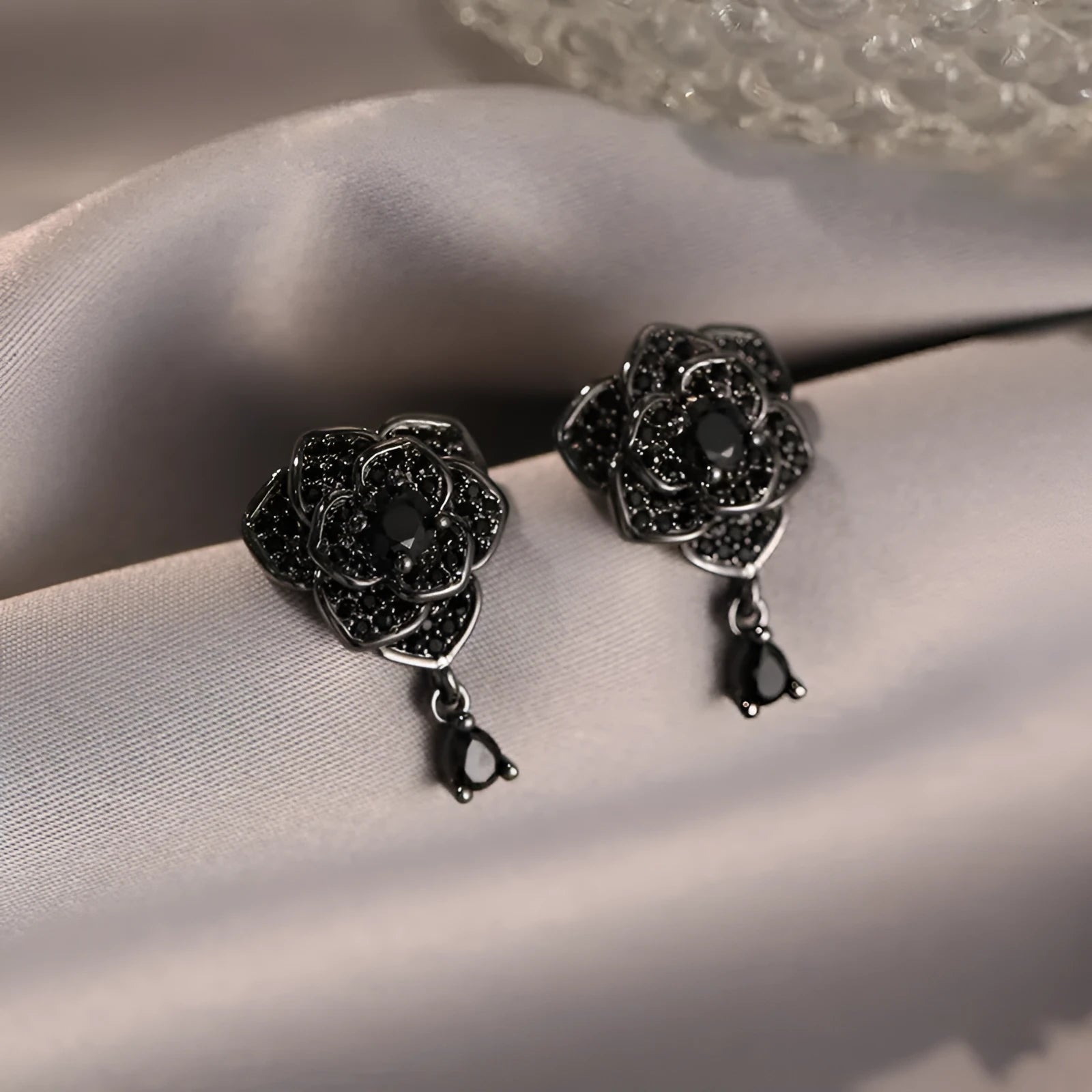 Black rose zircon stud earrings with floral design and 18K gold-plated finish