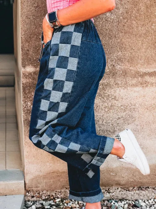 Sail blue loose jeans with checkered side panels and drawstring waist, cotton blend, Asian sizes 4-16.