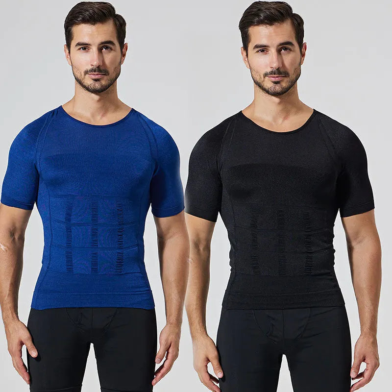 Men's nylon vest shapewear body toning T-shirt in black, blue, or white, sizes M to XXL, 57cm length