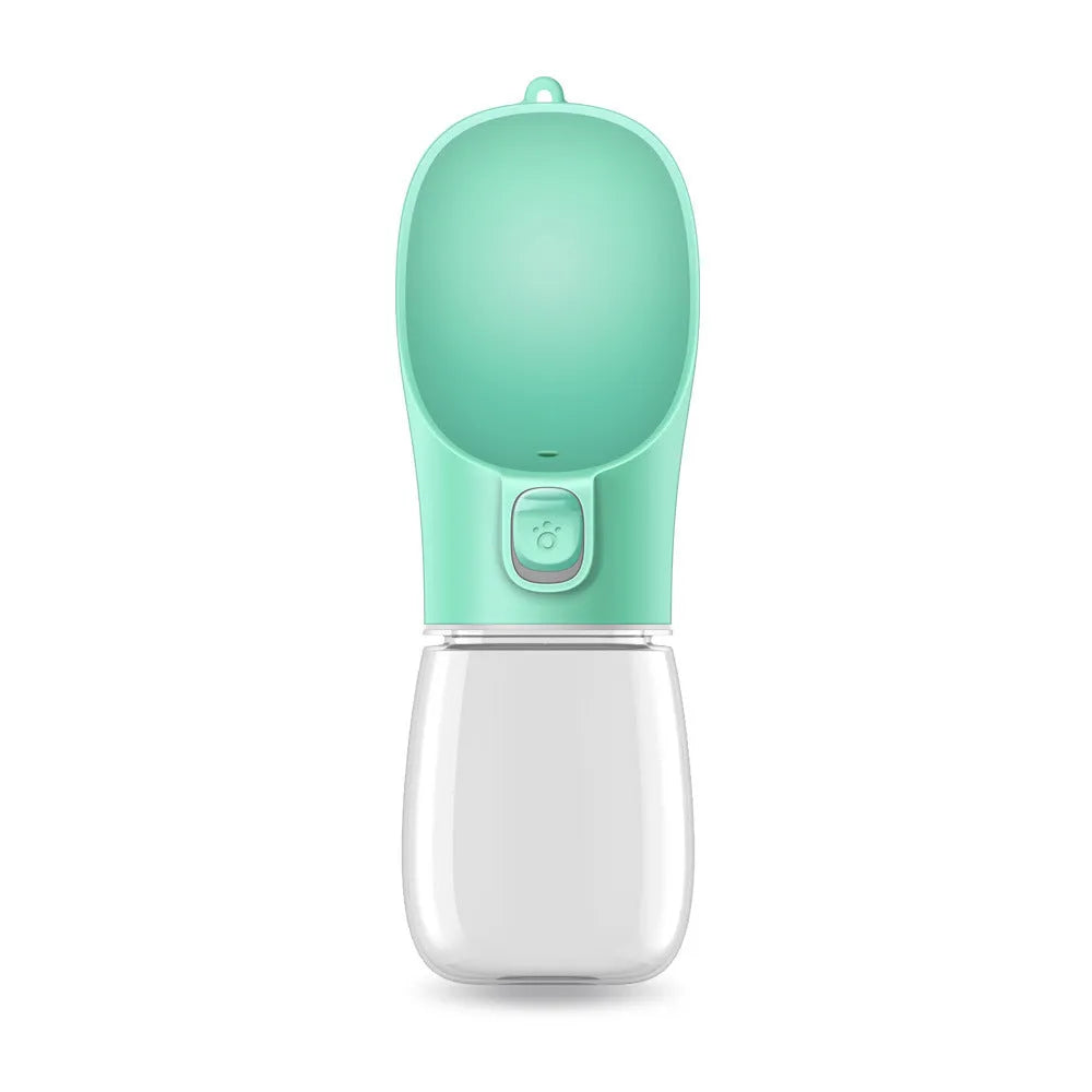 Blue grey portable dog water bottle with foldable drinking bowl extended, showing 800ml capacity.