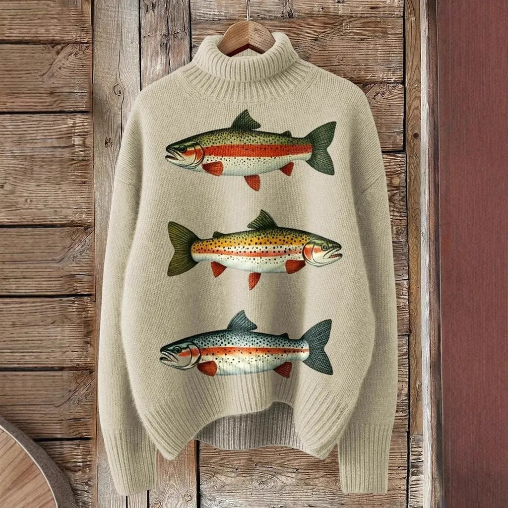Women's loose-fit Christmas printed turtleneck sweater in macaron colours with painting pattern and long sleeves
