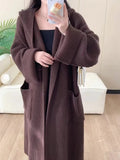 Women's loose grey hooded cardigan coat with raglan sleeves, 80cm length