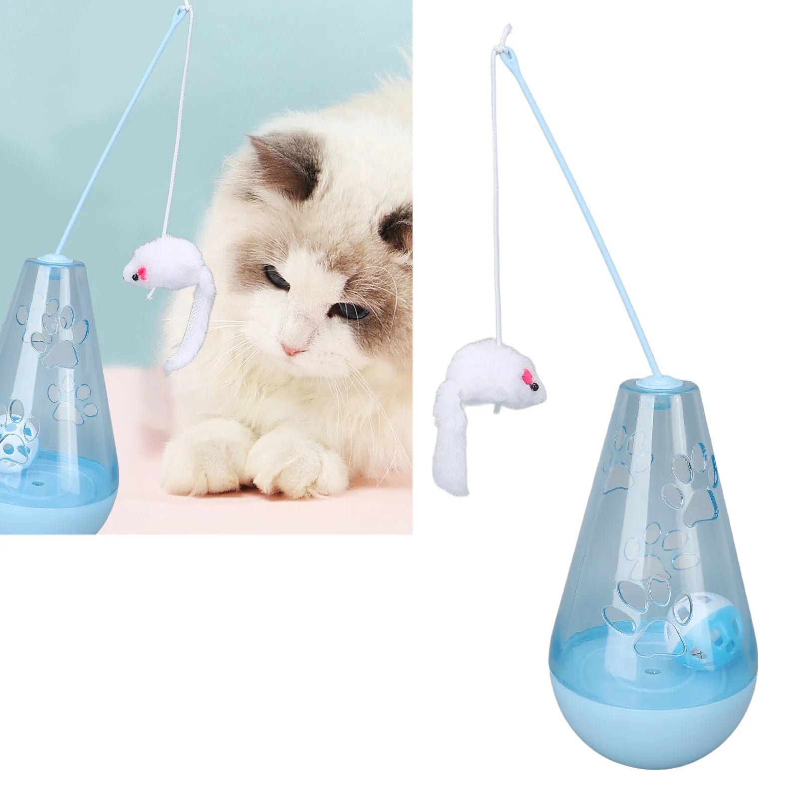 Interactive cat toy with bell ball and plush mouse stick on blue background
