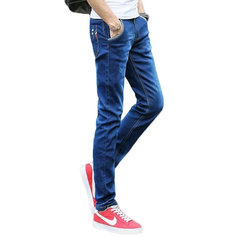 Men's stretch slim fit skinny tapered pants with mid waist and zip fly in blue, grey, or black