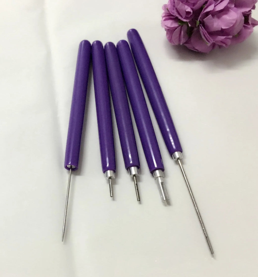 Purple five-piece quilling paper pen set with 0.3mm and 1.3mm slotted pens and a 1.1mm needle stylus.