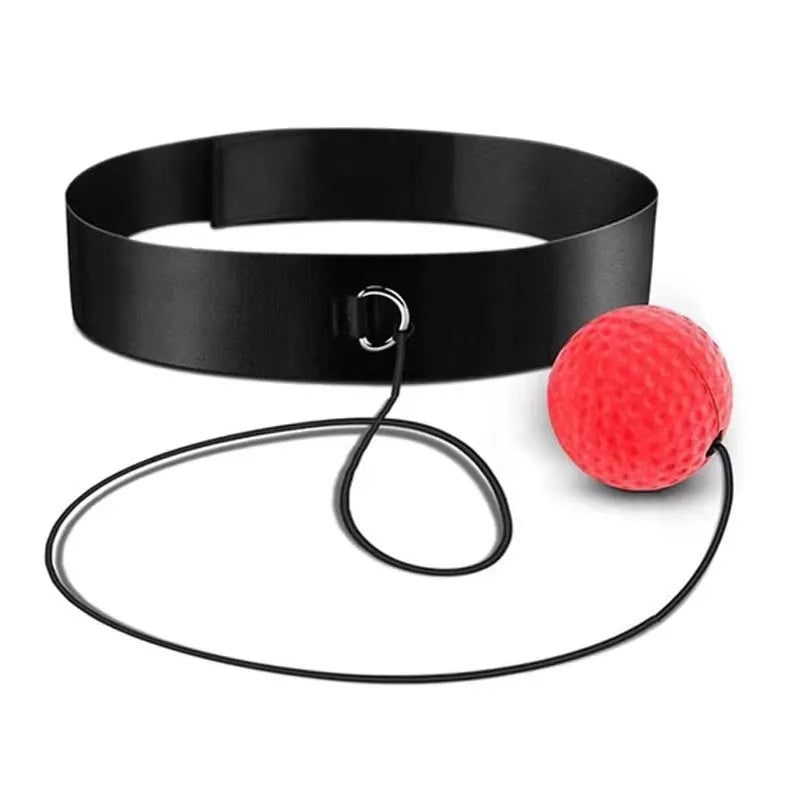 Head-mounted boxing reaction ball set showing multiple coloured PU balls, a rubber ball, and two headband options.