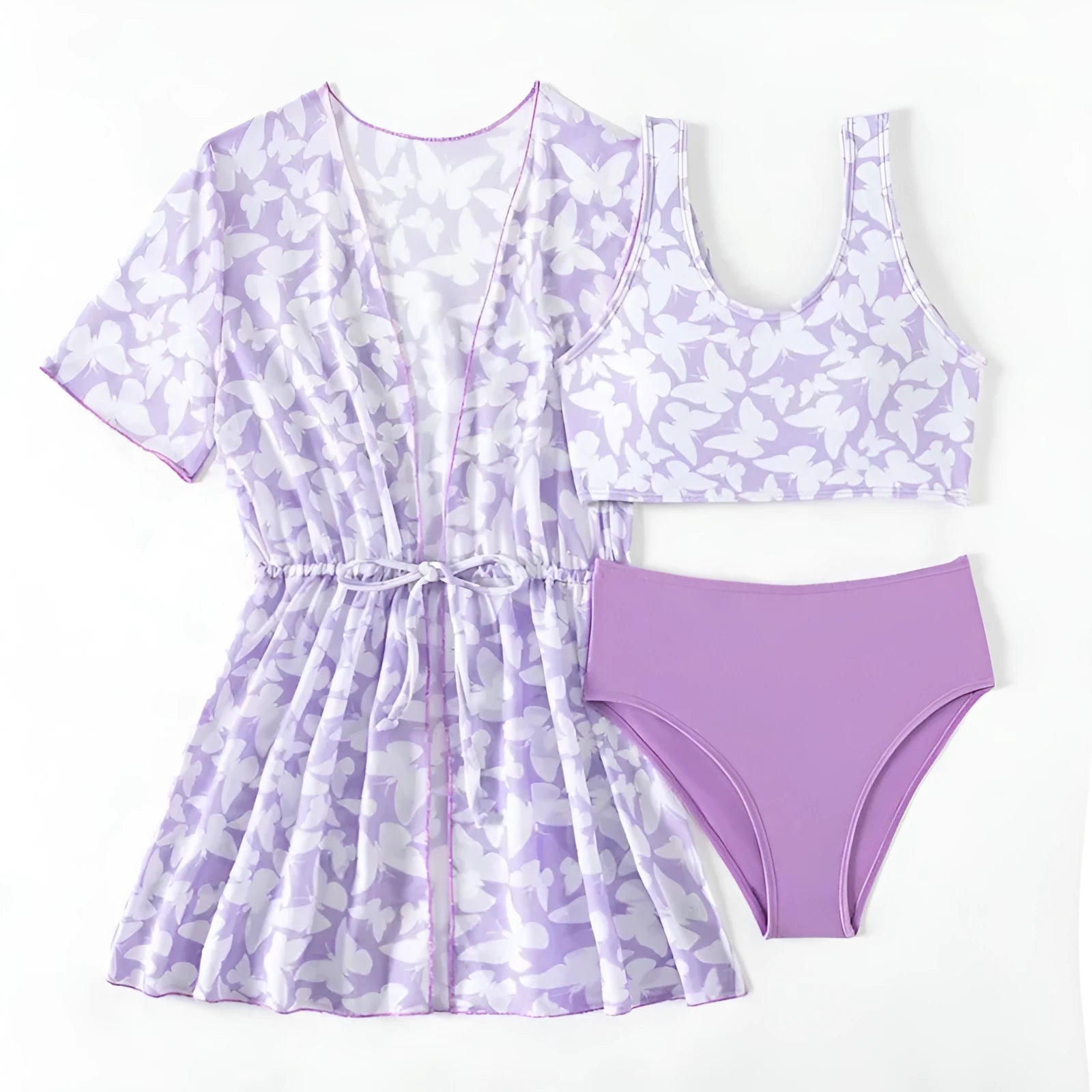 Girls three-piece polyester swimsuit set with coat, vest, and pants in colour 3218