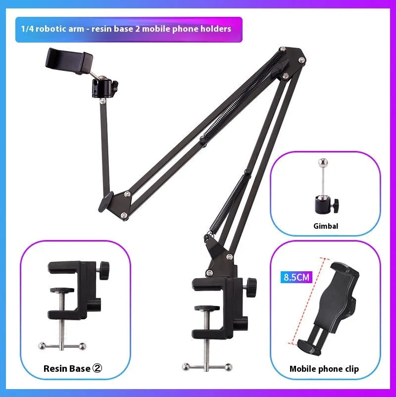 Black foldable metal desktop lazy bracket with tablet clip, showing 360-degree rotation and adjustable cantilever arm