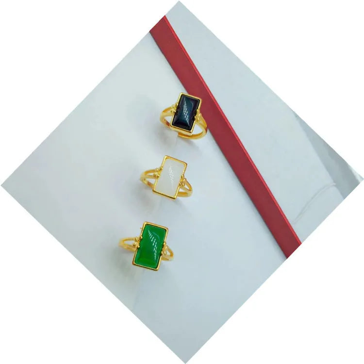 Adjustable brass gold-plated ring with electroplated finish and inlaid gemstone in choice of colours