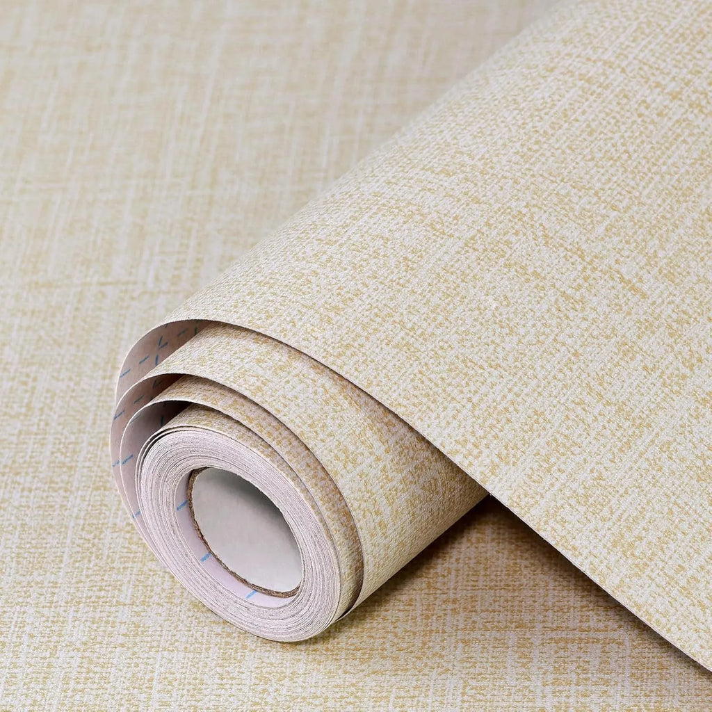 Linen self-adhesive wallpaper roll in beige colour, 40cm wide, with double-layer construction for wall renovation