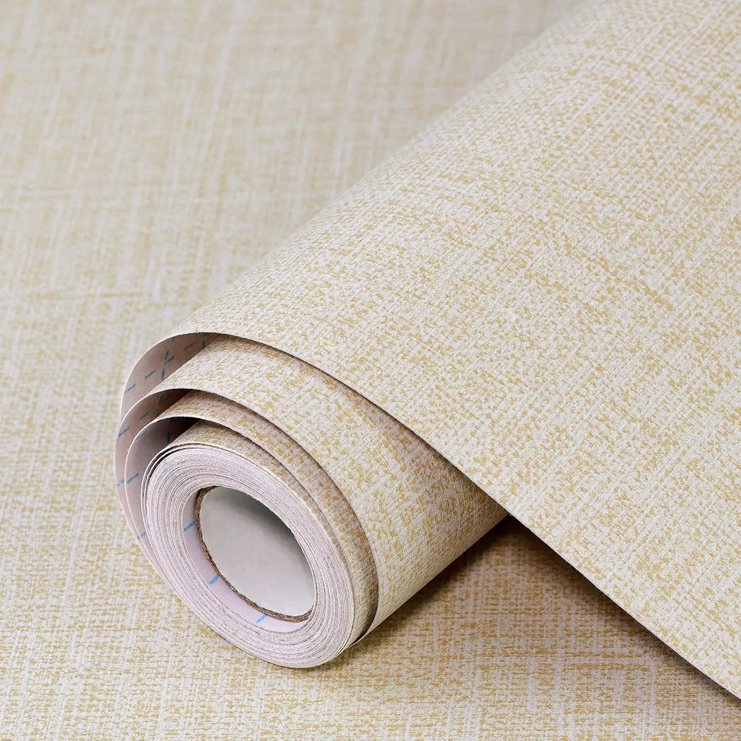 Linen self-adhesive wallpaper roll in beige colour, 40cm wide, with double-layer construction for wall renovation