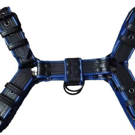 Blue and black leather shoulder strap suspenders with metal buckle adjustment