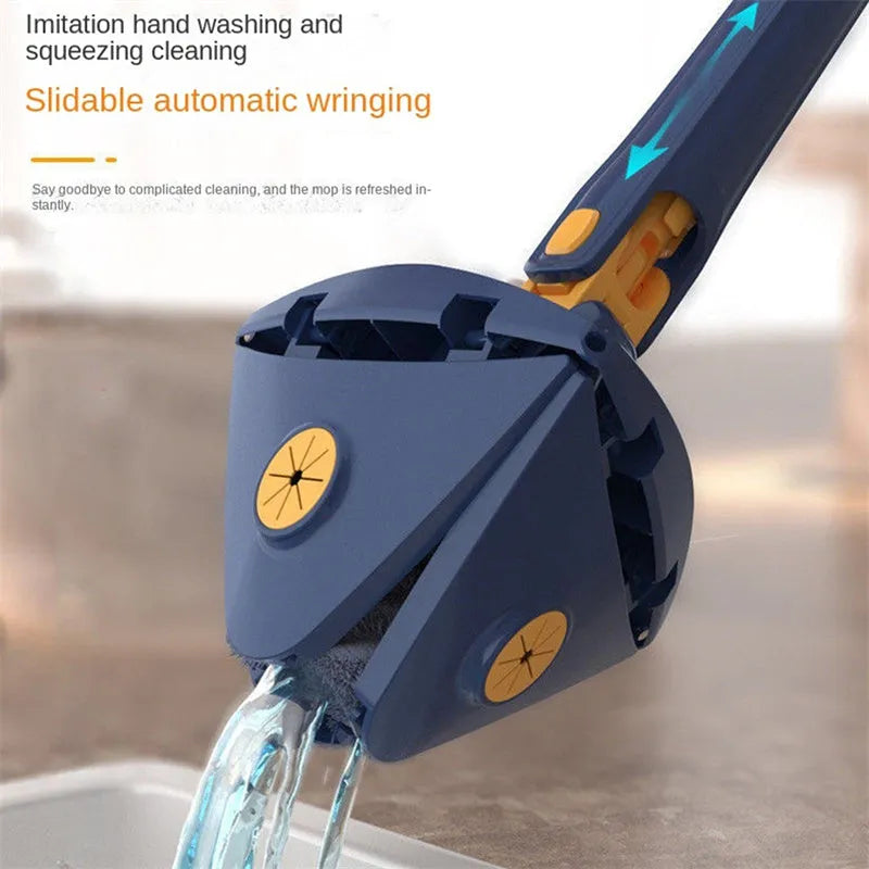 Extendable blue triangle mop with rotating head and stainless steel pole for floor and wall cleaning.
