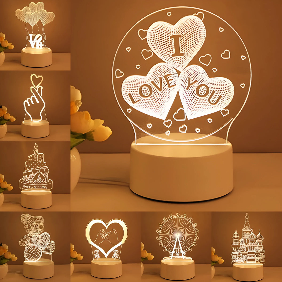 3D illusion acrylic USB LED night light in warm white, plug-in monochrome decorative lamp for room decor and gifting