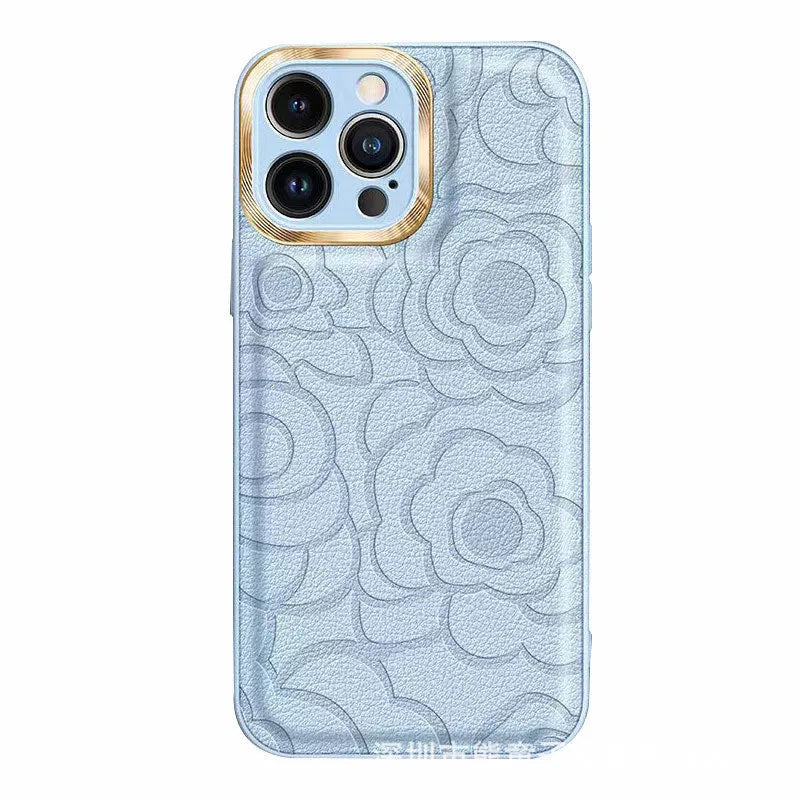 Camellia leather pattern phone case with soft edge and hard back for iPhone 11 to 15 Pro Max
