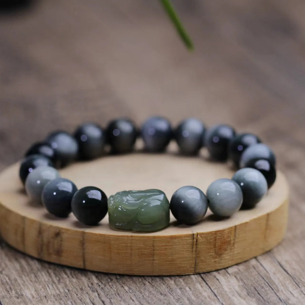 Black Eagle Eye Stone bracelet with Hetian Jade Pixiu charm and 10mm beads