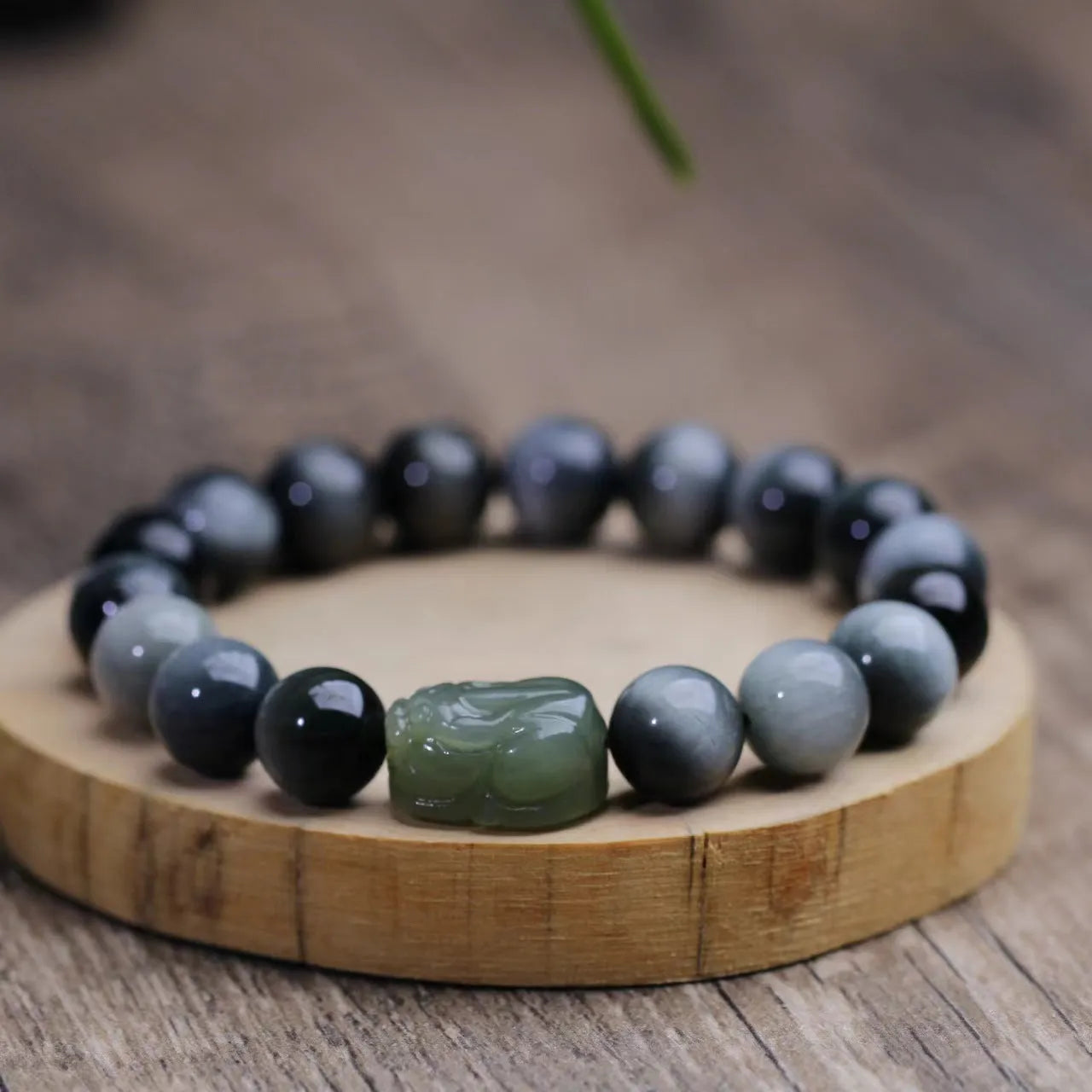 Black Eagle Eye Stone bracelet with Hetian Jade Pixiu charm and 10mm beads