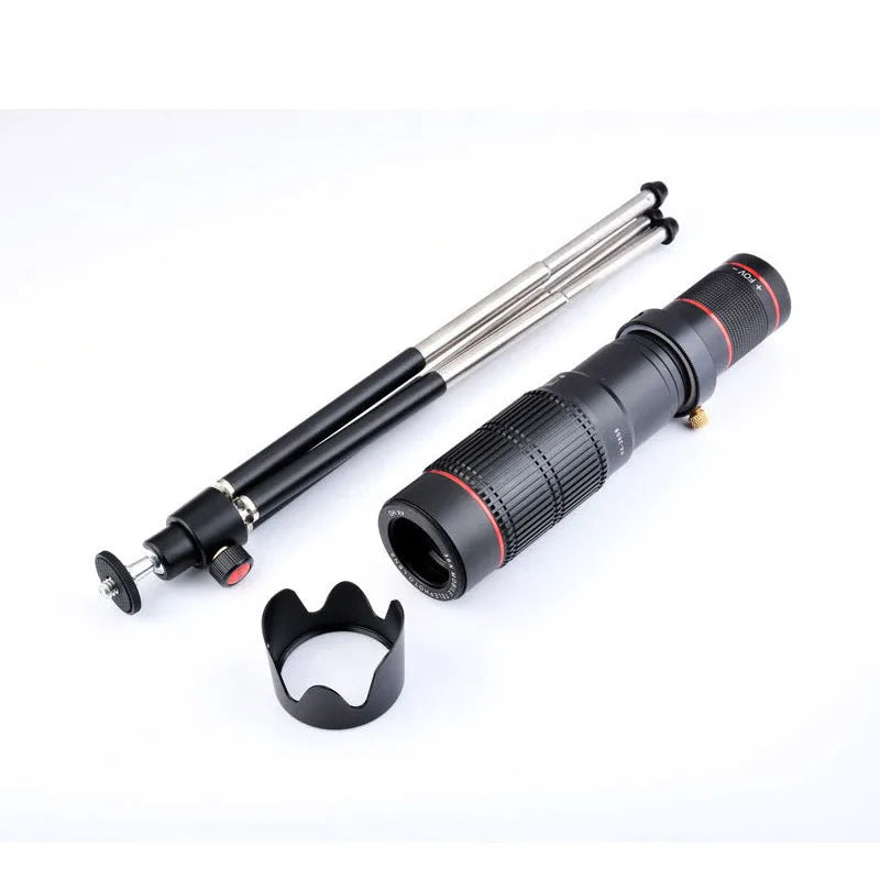 Black 36x telephoto lens attachment for smartphone photography with universal mounting system