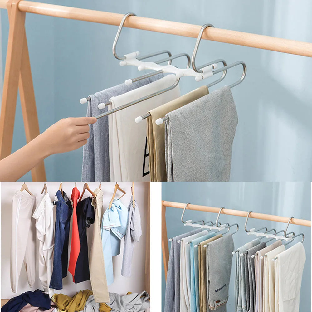 Black stainless steel 5-in-1 multi-functional trousers hanger with five booms on a clothes rack
