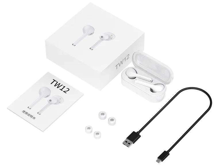 Black and white Bluetooth 5.0 true wireless headphones with charging case