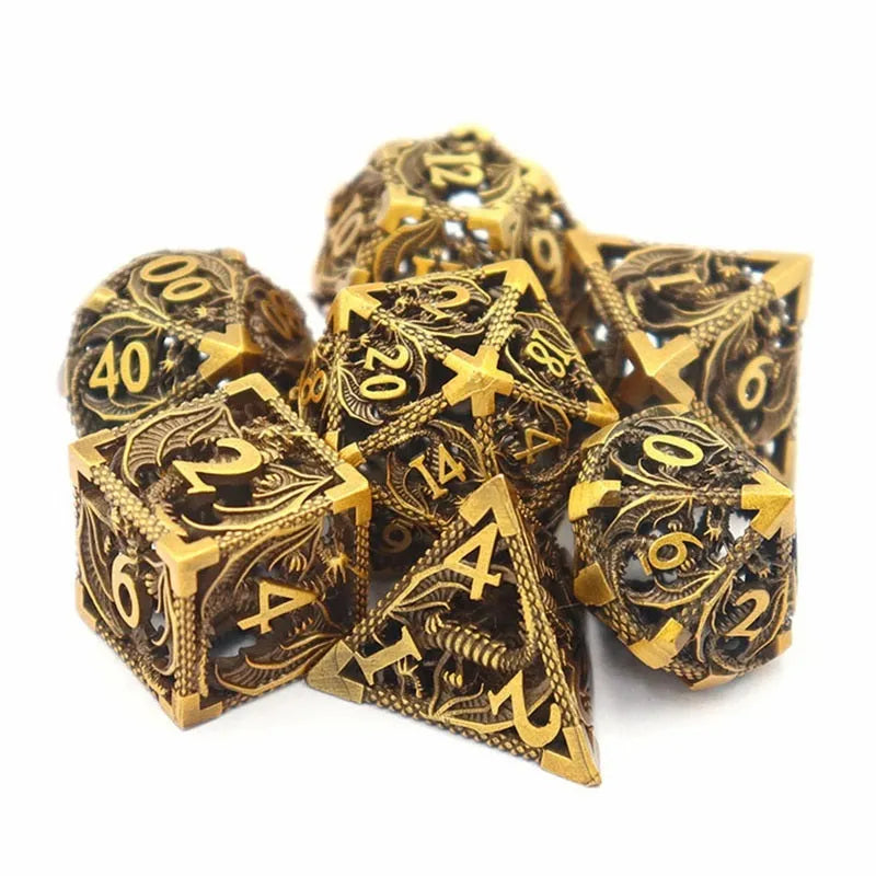 Seven-piece hollow pure copper electroplated dice set for DND and tabletop games in multi-colour options