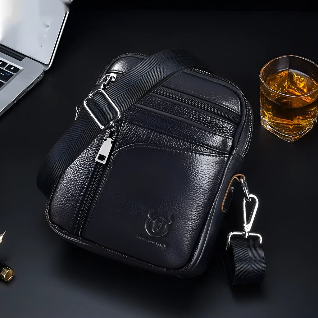 Men's black genuine leather retro shoulder messenger bag shown from the front.