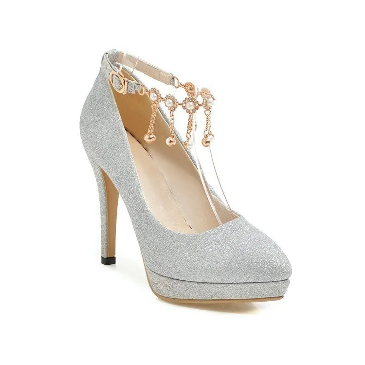 Women's platform high heels with stiletto heel in blue, pink, gold, or silver, showing cutting depth options.