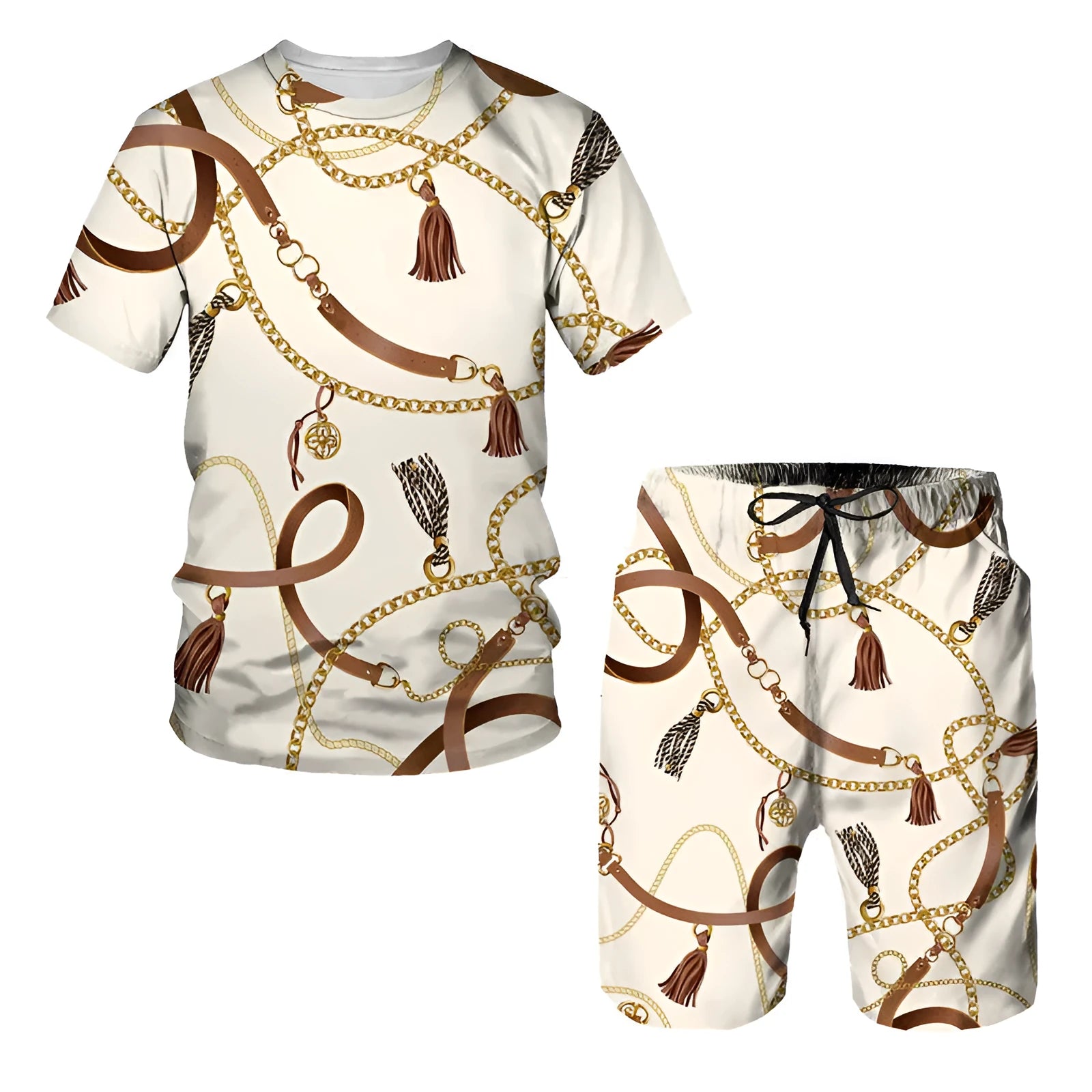 Men's chain pattern digital printed T-shirt and shorts lounge set in summer fabric